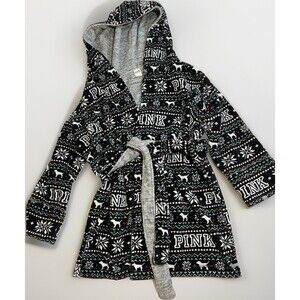 Victoria's Secret Plush Soft PINK Black White Snowflake Reversible Bathrobe XS S
